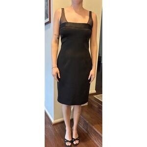 VTG HUGO BUSCATI Black Satin Sheath Dress 8 Sheer Straps LBD  Cocktail 90's